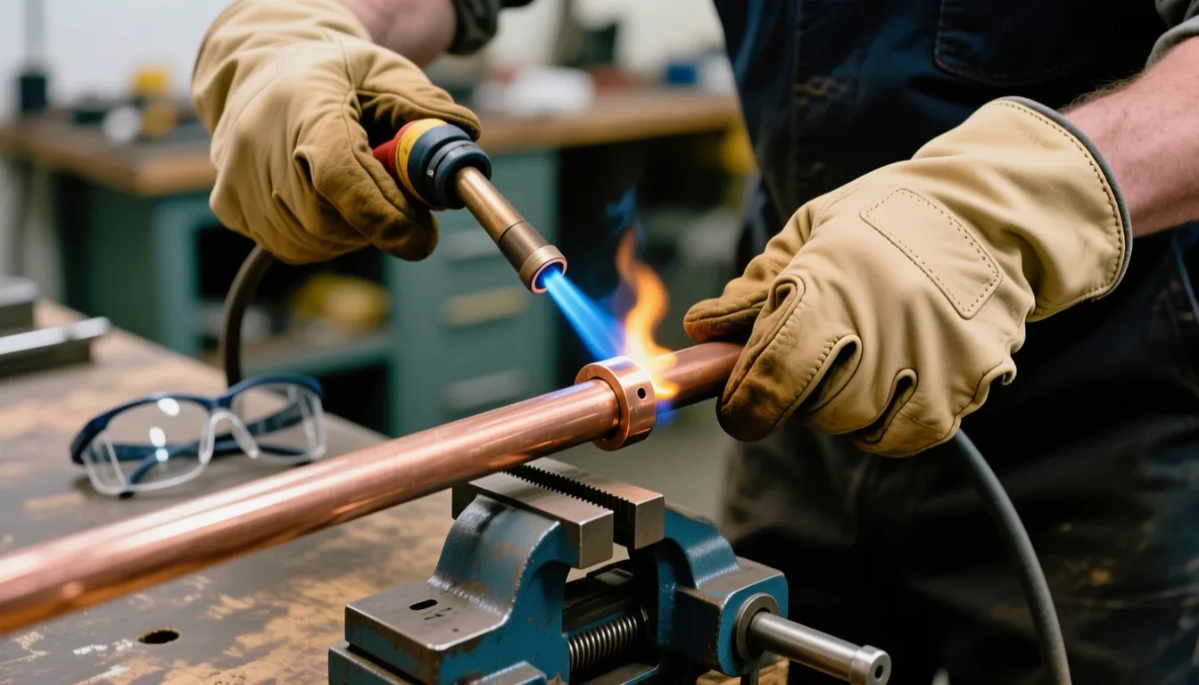 Hands in tan leather gloves braze a copper pipe joint with a blue flame over a bench vice, safety glasses on the bench