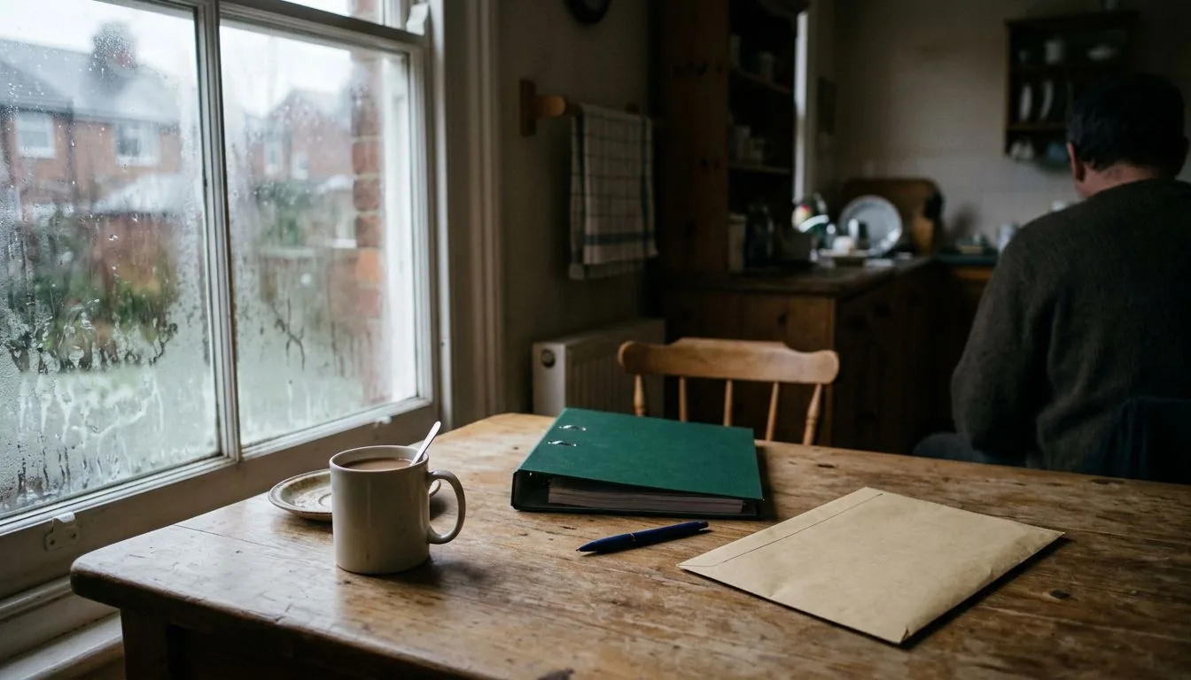 Kitchen table by a rain-streaked window with a plain envelope, a ring binder, a pen and a mug of tea