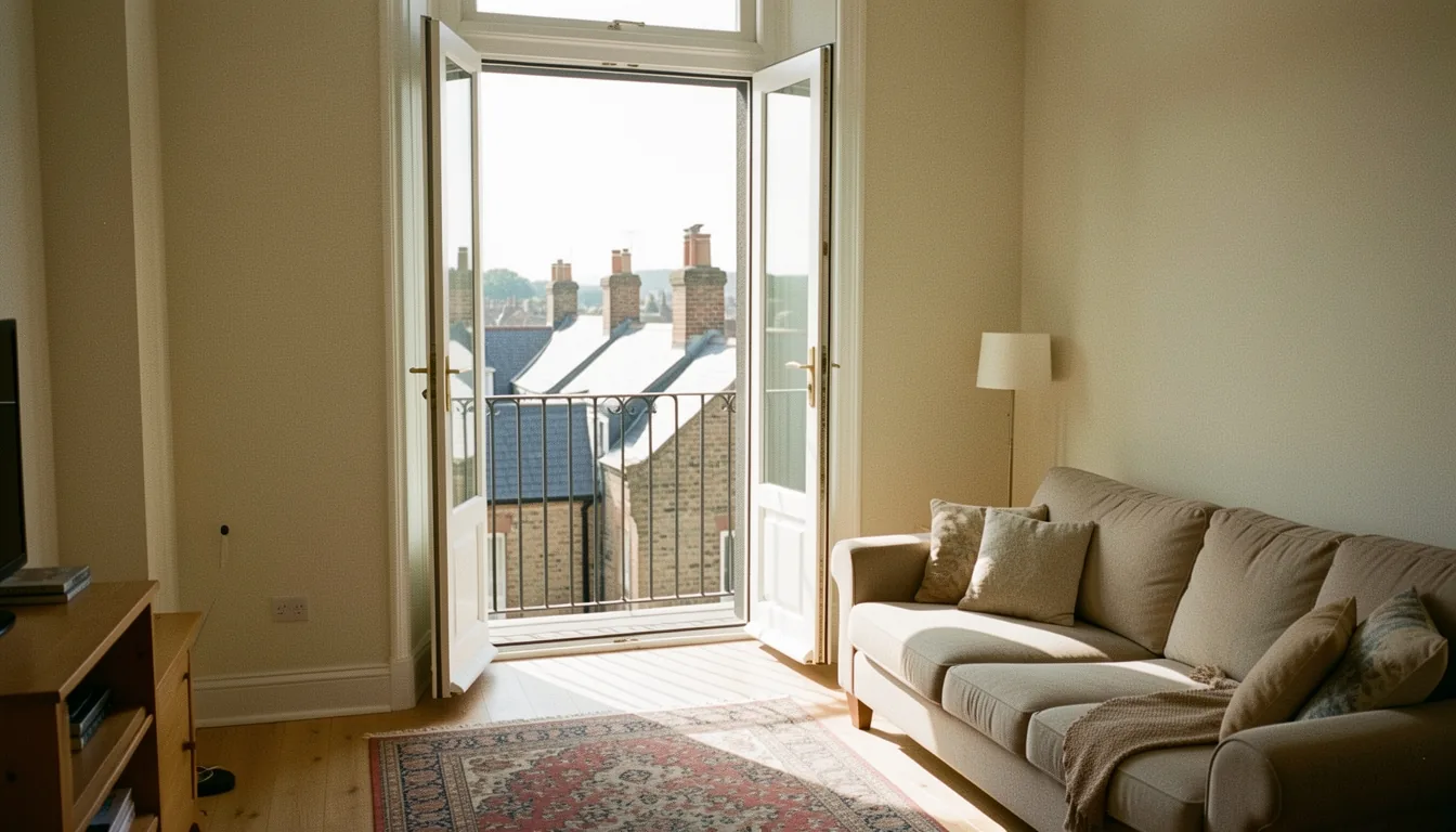 A top-floor flat living room with glazed doors open onto a small balcony and a view over chimneys and slate roofs