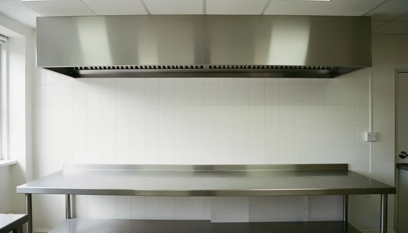 An empty professional kitchen with a stainless steel extraction canopy above a clear steel prep counter