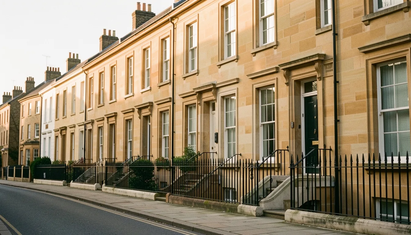 A Georgian terrace of honey-coloured stone houses with sash windows, front steps and iron railings along the pavement