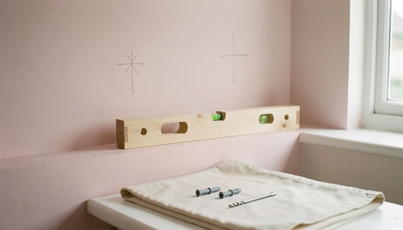 A wooden spirit level beside pencil marks on a pink plastered wall, with wall plugs and a drill bit on a dust sheet