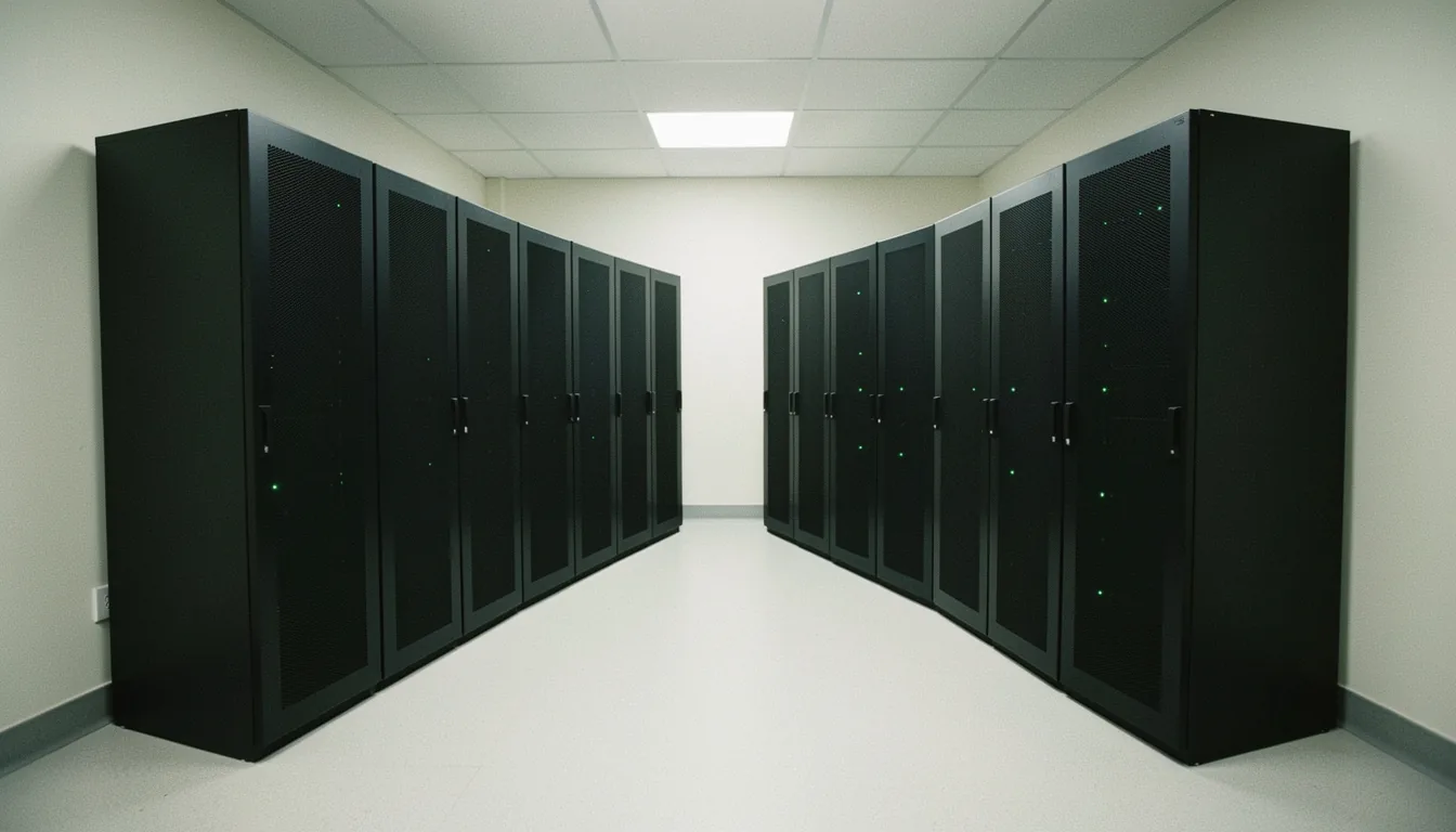 Two rows of black equipment cabinets with mesh doors and faint green lights in a small, bright server room