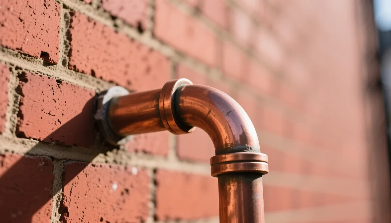 Close-up of a bare copper pipe elbow fitted to a red brick wall in soft daylight