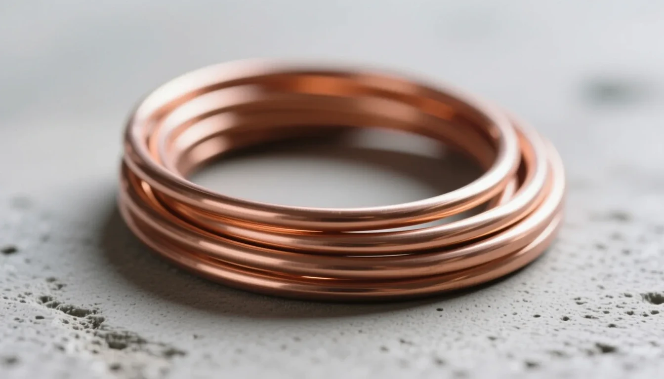 Close-up of neatly coiled bare copper tubing on a plain grey concrete surface