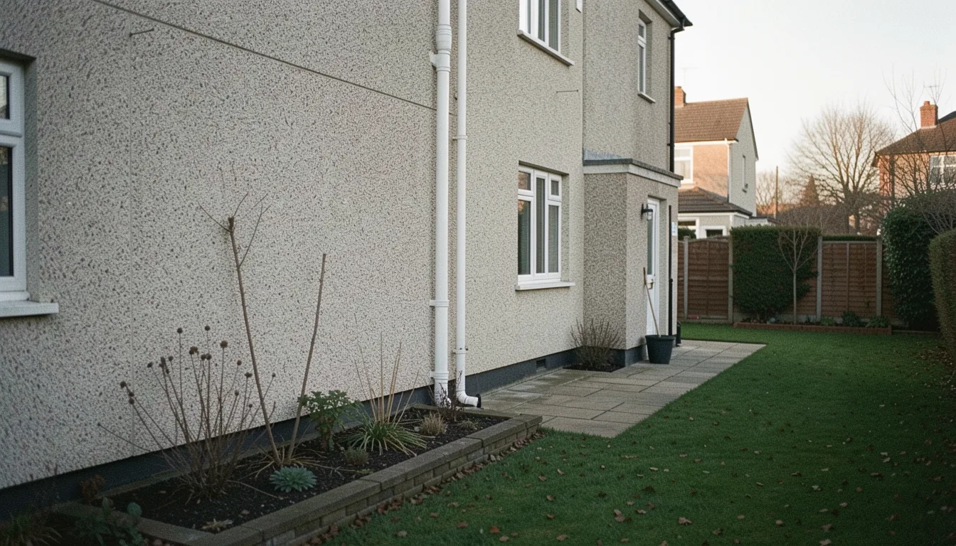 The pebble-dashed side wall of a semi-detached house with two white pipes running down to a paved path and lawn