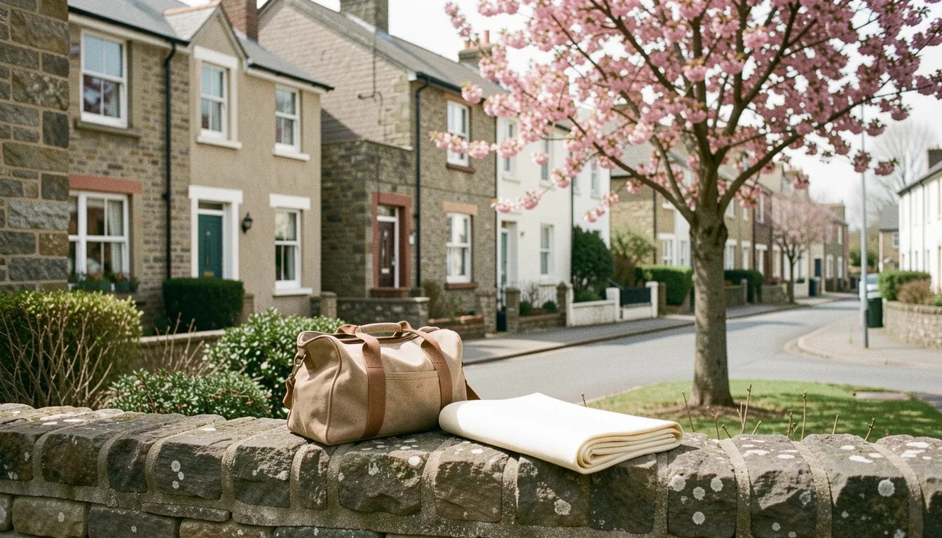 A canvas tool bag and folded dust sheet on a stone garden wall, a terraced street and cherry blossom behind