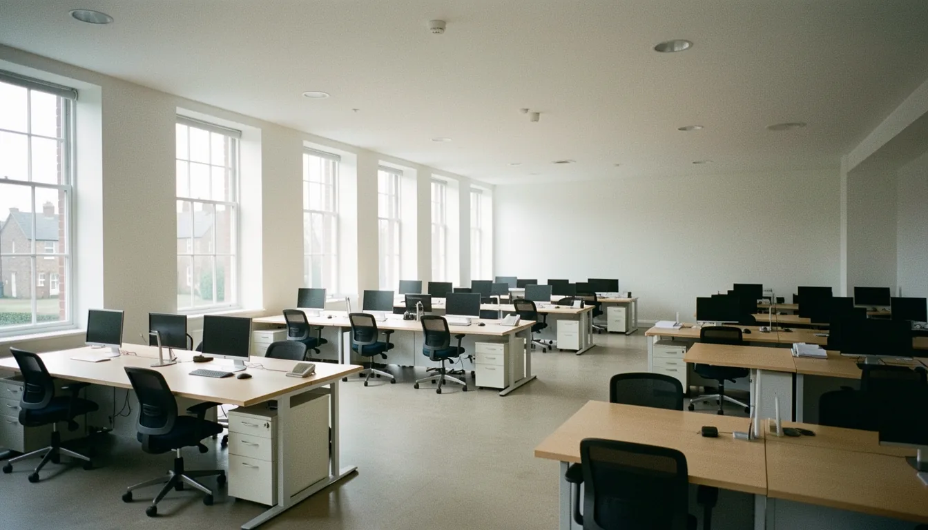 An empty open-plan office with rows of desks and switched-off monitors beneath a flat white ceiling and tall sash windows