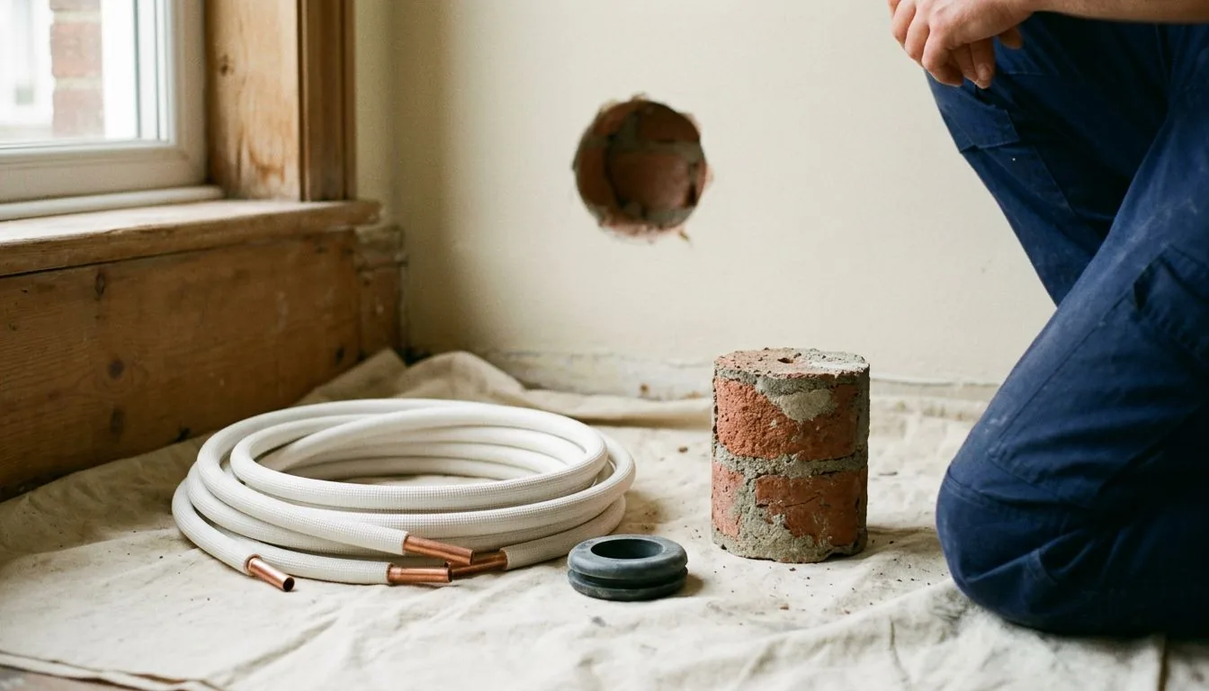 Coil of insulated copper pipe, a rubber grommet and a brick core sample on a dust sheet below a freshly cored wall hole