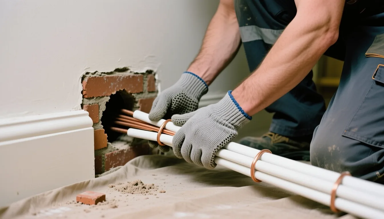 Gloved hands feed white-lagged copper pipes through a hole in a bedroom's brick wall above the skirting, dust sheet below
