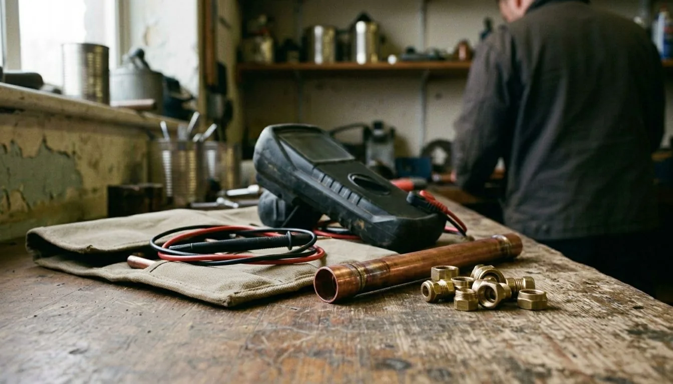 Multimeter and test leads on a canvas tool roll beside a copper pipe and brass flare nuts on a workbench