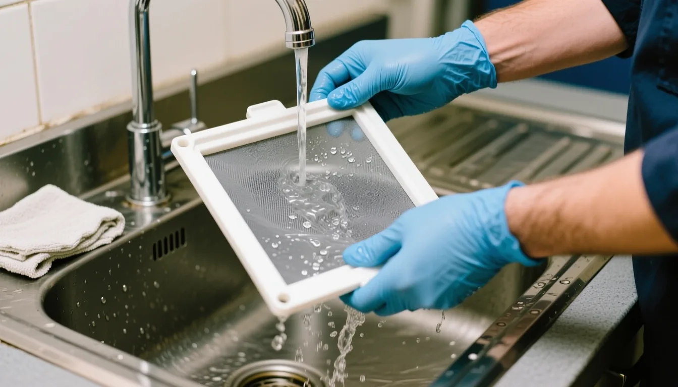 Hands in blue nitrile gloves rinse a white-framed mesh filter under a running tap at a stainless steel sink