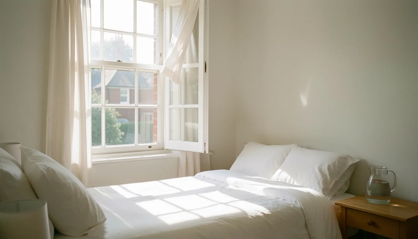 A sunlit bedroom with a sash window and casement open, curtains lifting in the breeze, a water jug on the bedside table