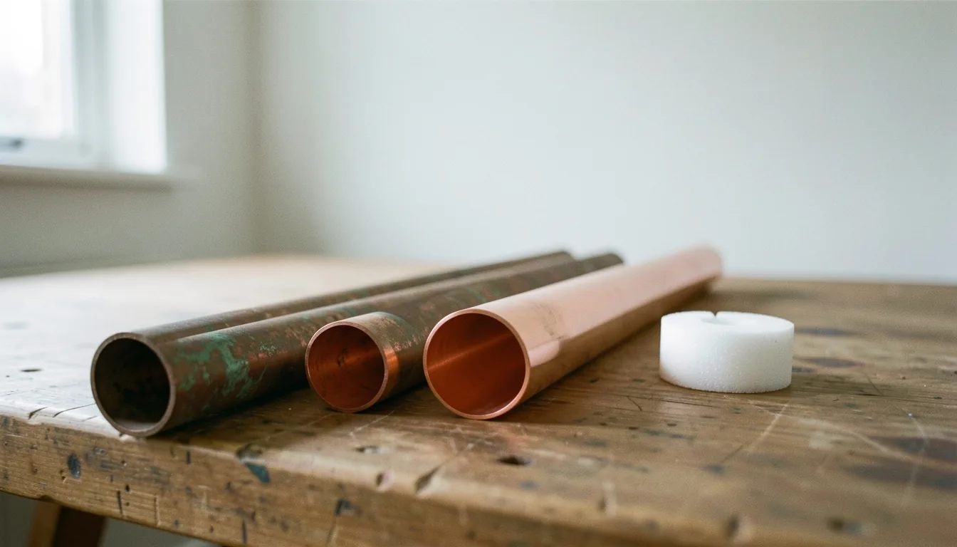 Old tarnished copper pipes beside a new, bright copper pipe on a worn wooden workbench