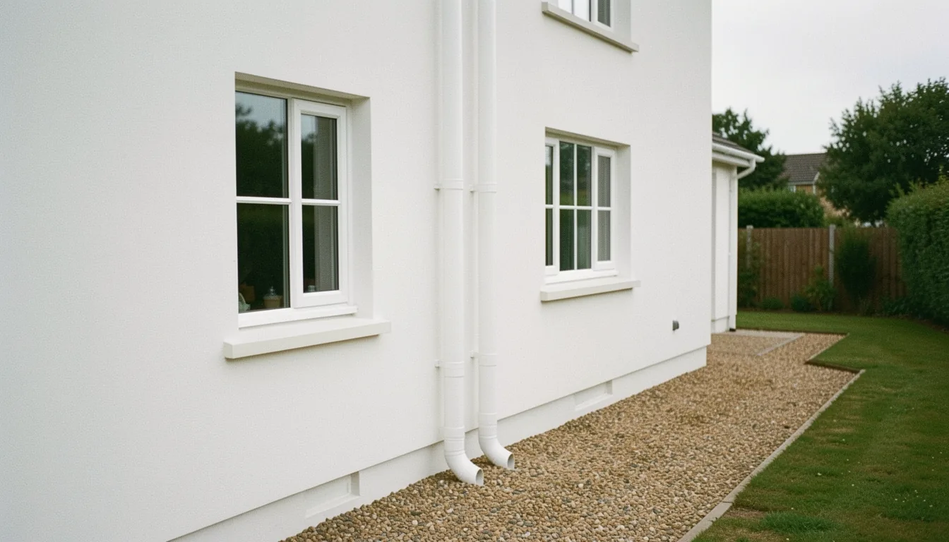 The white-rendered side wall of a detached house with two white pipes running side by side down to a gravel path