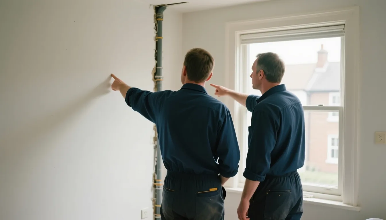 Two engineers in navy workwear point along a bedroom wall beside an opened-up pipe chase and a sash window