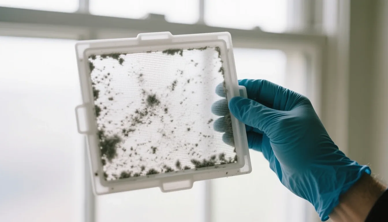 A hand in a blue nitrile glove holds up a white-framed mesh filter speckled with dust and grime against a bright window