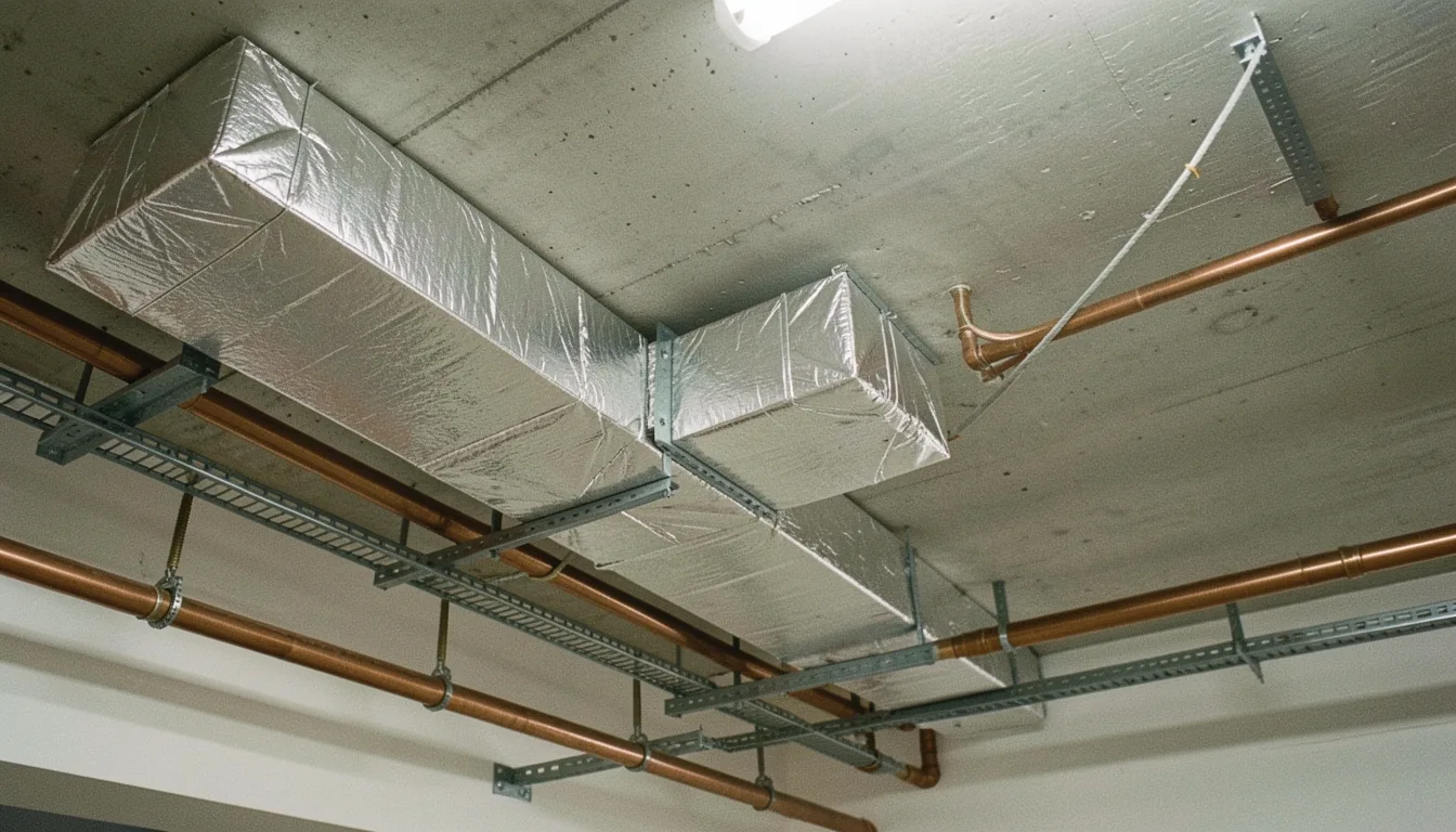 Looking up at foil-insulated ductwork, copper pipe runs and galvanised cable trays hung from a concrete plant-room ceiling
