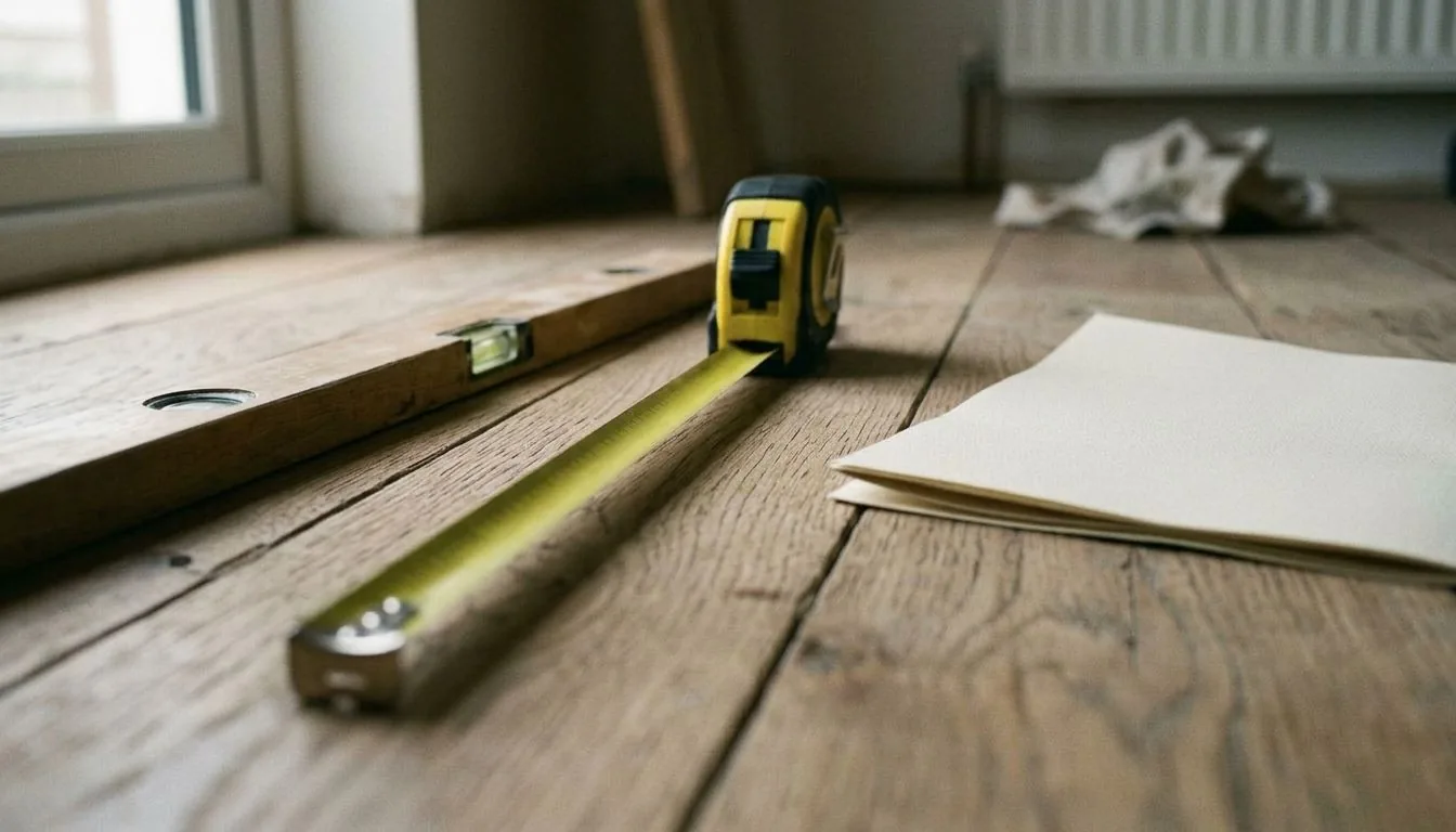 Tape measure extended across bare oak floorboards beside a spirit level and folded sketch paper