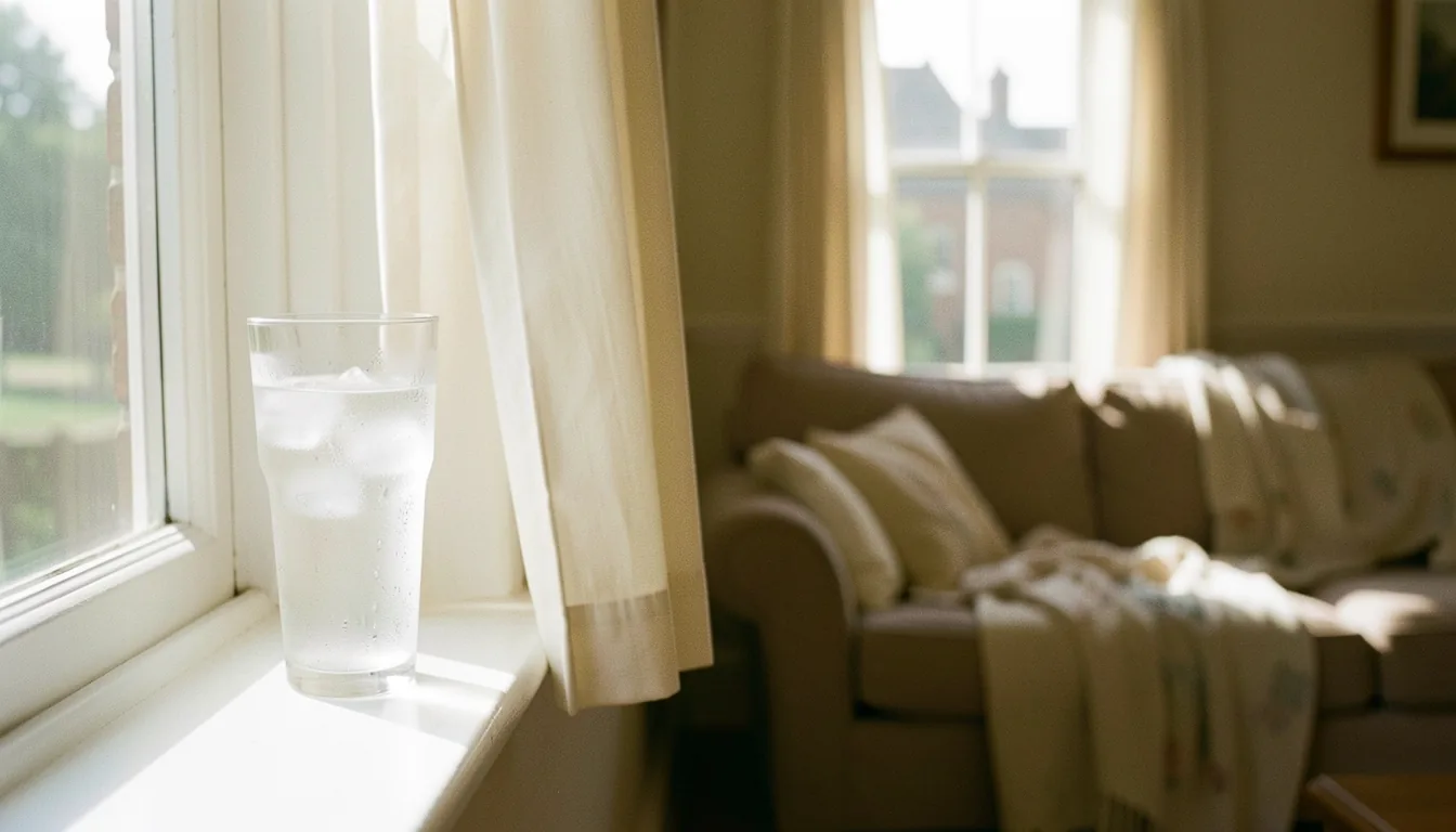 A glass of iced water on a sunny windowsill, with half-drawn curtains and a sofa in a warm living room