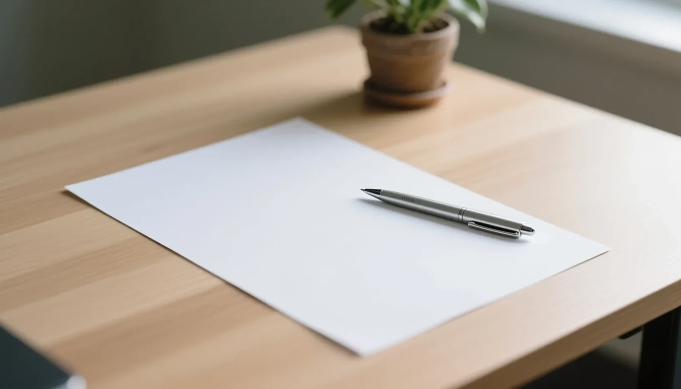 An open notebook with blank pages and a pen resting on it, on a light wooden desk beside a small plant