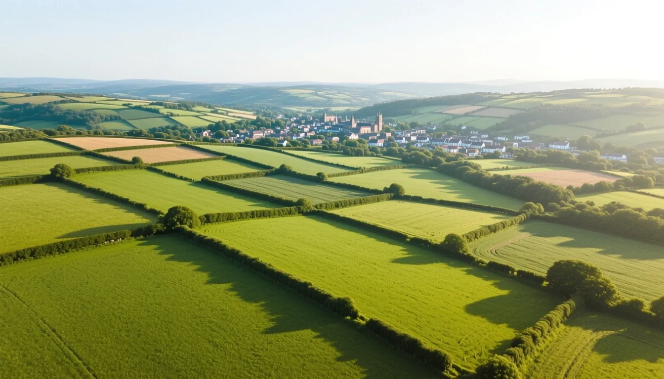 A wide view over rolling green South West England countryside with patchwork fields and a small town in the distance