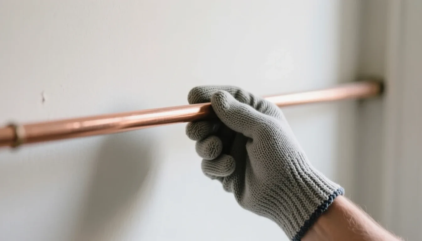 A gloved hand holding a length of bare copper pipe against a plain painted wall