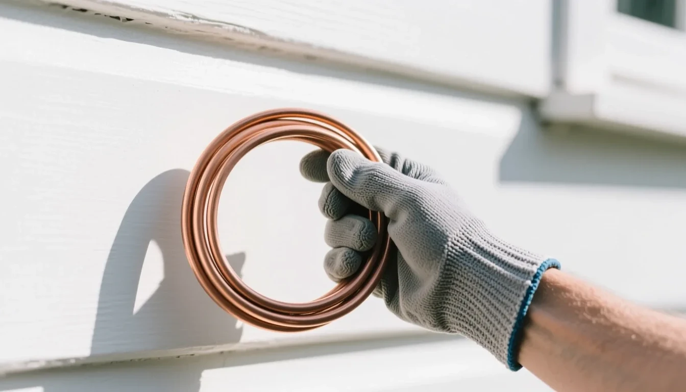 A gloved hand holding a coil of bare copper refrigerant pipe against a plain white exterior wall