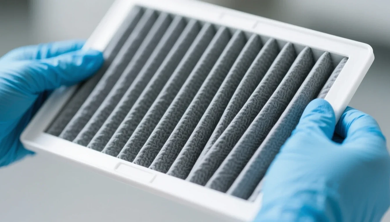 Two hands in blue gloves holding a pleated grey air filter in a white frame