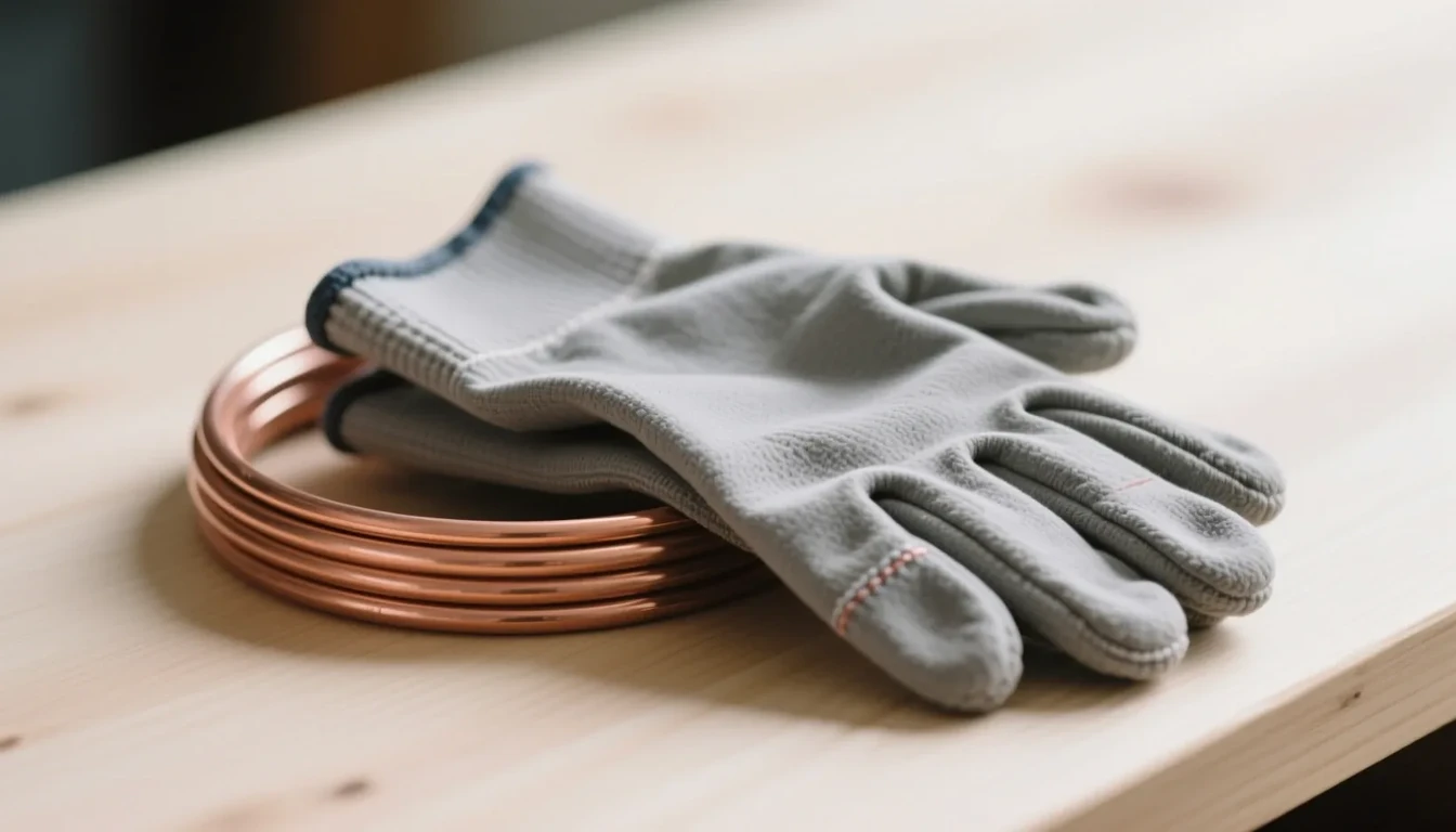A coil of bare copper pipe and a folded pair of grey work gloves on a clean light wooden surface